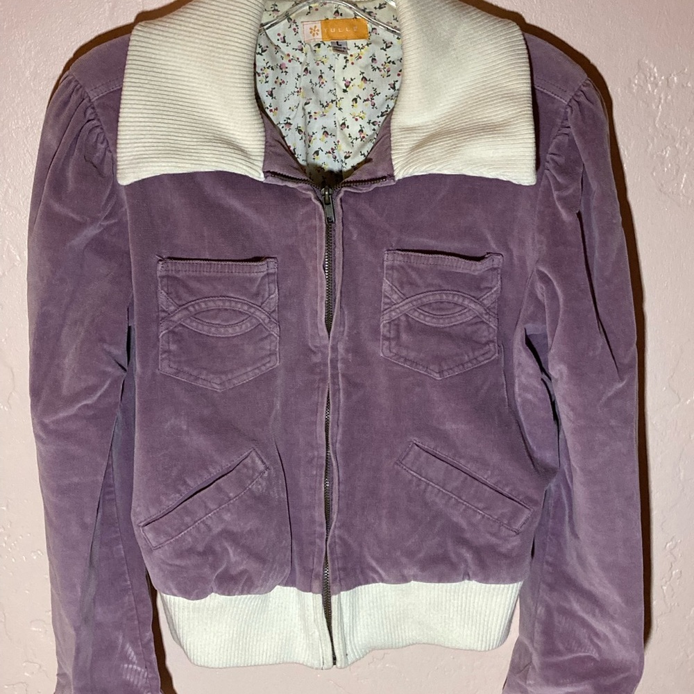 Tulle Purple Velvet Bomber Jacket with Cream Collar and Soft Fabric